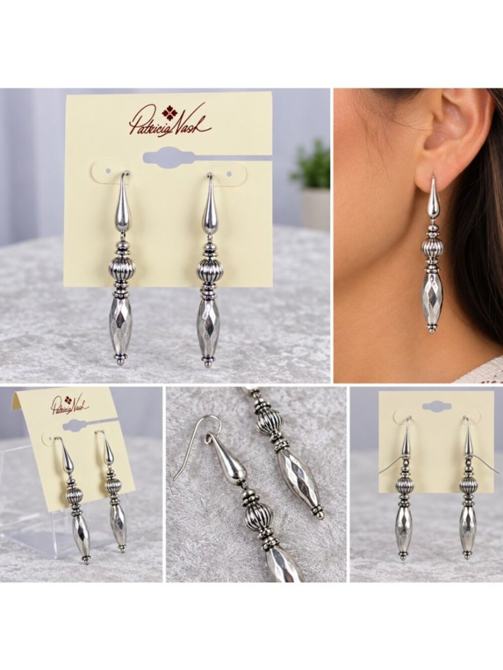 Patricia Nash Silver Tone Beaded Dangle Earrings Faceted Drop NWT